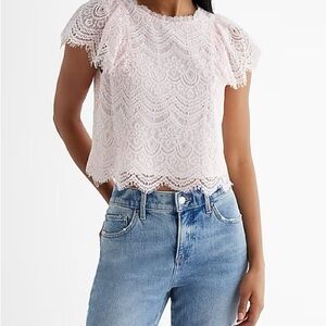 NWT Lace Crew Neck Flutter Sleeve Top